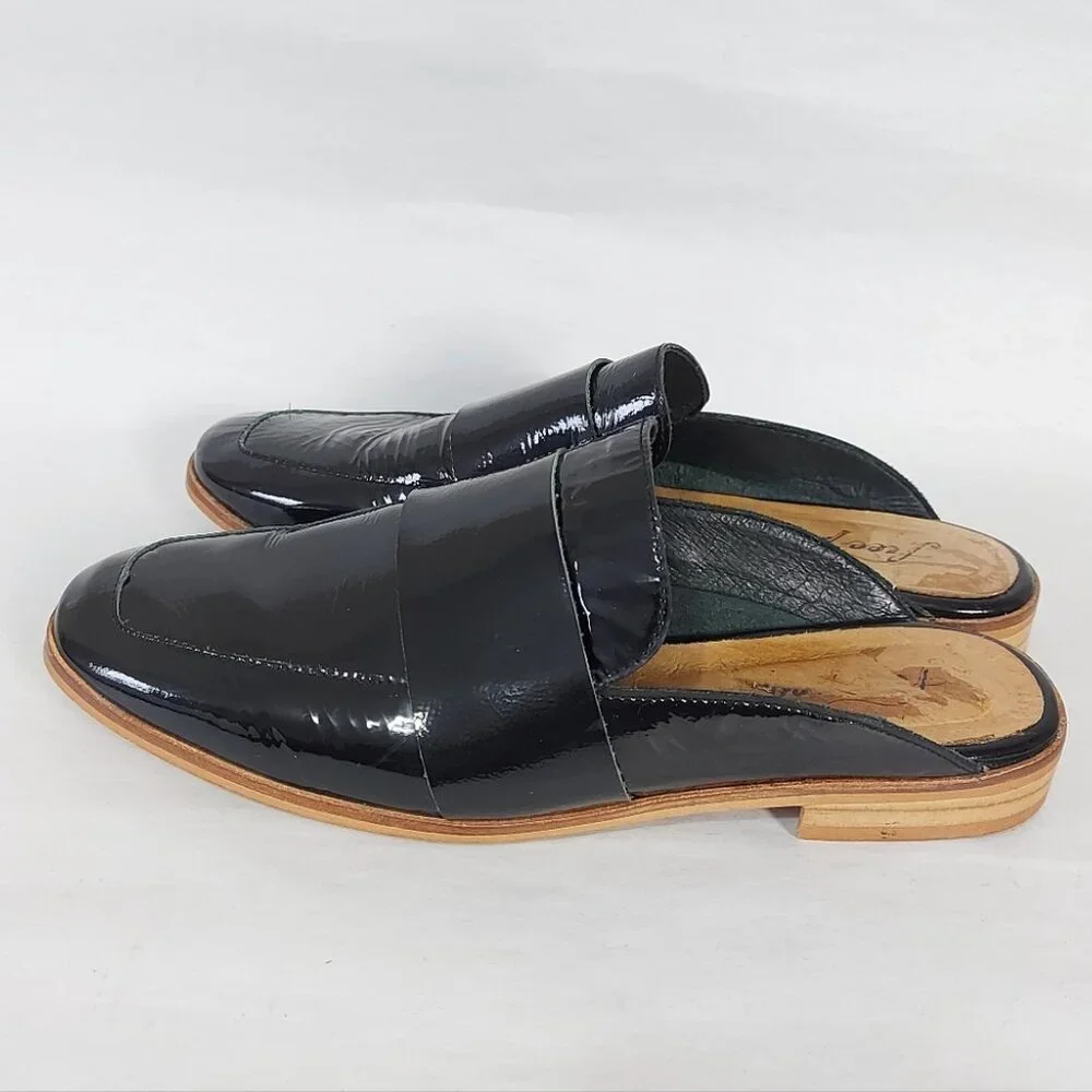 Free People At Ease Loafers 37 EU Black Patent Leather Glossy Mule Comfy Slip-On